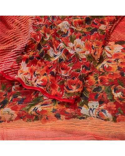 Sanskriti Vintage Red Printed Sarees Pure Chiffon Silk Sari 5Yd Craft Fabric, PRG-10193-Red-Printed Floral Design-Pure Chiffon Silk-9