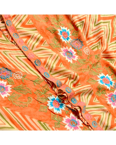 Sanskriti Vintage Print Embroidered Sarees Pure Georgette Silk Sari Craft Fabric, PRG-10200-Orange-Printed Floral Design-Pure Georgette Silk-1