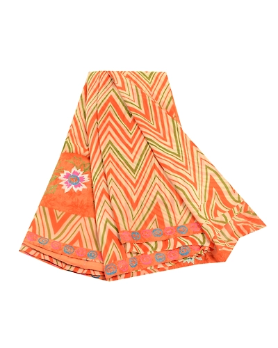 Sanskriti Vintage Print Embroidered Sarees Pure Georgette Silk Sari Craft Fabric, PRG-10200-Orange-Printed Floral Design-Pure Georgette Silk-2