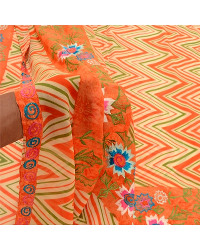 Sanskriti Vintage Print Embroidered Sarees Pure Georgette Silk Sari Craft Fabric, PRG-10200-Orange-Printed Floral Design-Pure Georgette Silk-4