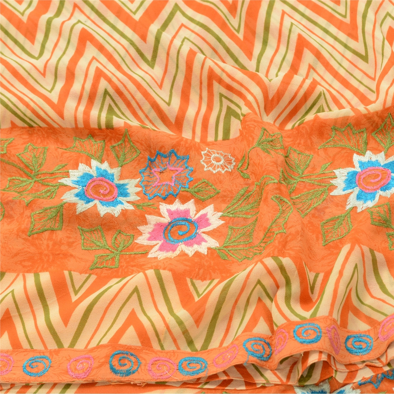 Sanskriti Vintage Print Embroidered Sarees Pure Georgette Silk Sari Craft Fabric, PRG-10200-Orange-Printed Floral Design-Pure Georgette Silk-6