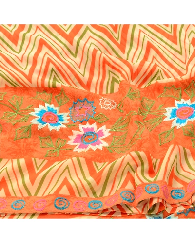 Sanskriti Vintage Print Embroidered Sarees Pure Georgette Silk Sari Craft Fabric, PRG-10200-Orange-Printed Floral Design-Pure Georgette Silk-6