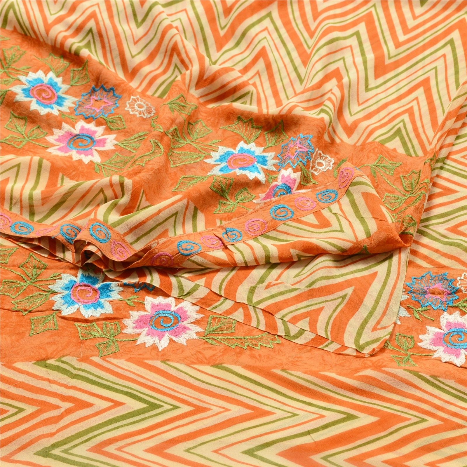 Sanskriti Vintage Print Embroidered Sarees Pure Georgette Silk Sari Craft Fabric, PRG-10200-Orange-Printed Floral Design-Pure Georgette Silk-7