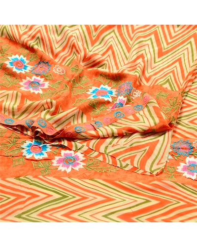 Sanskriti Vintage Print Embroidered Sarees Pure Georgette Silk Sari Craft Fabric, PRG-10200-Orange-Printed Floral Design-Pure Georgette Silk-7