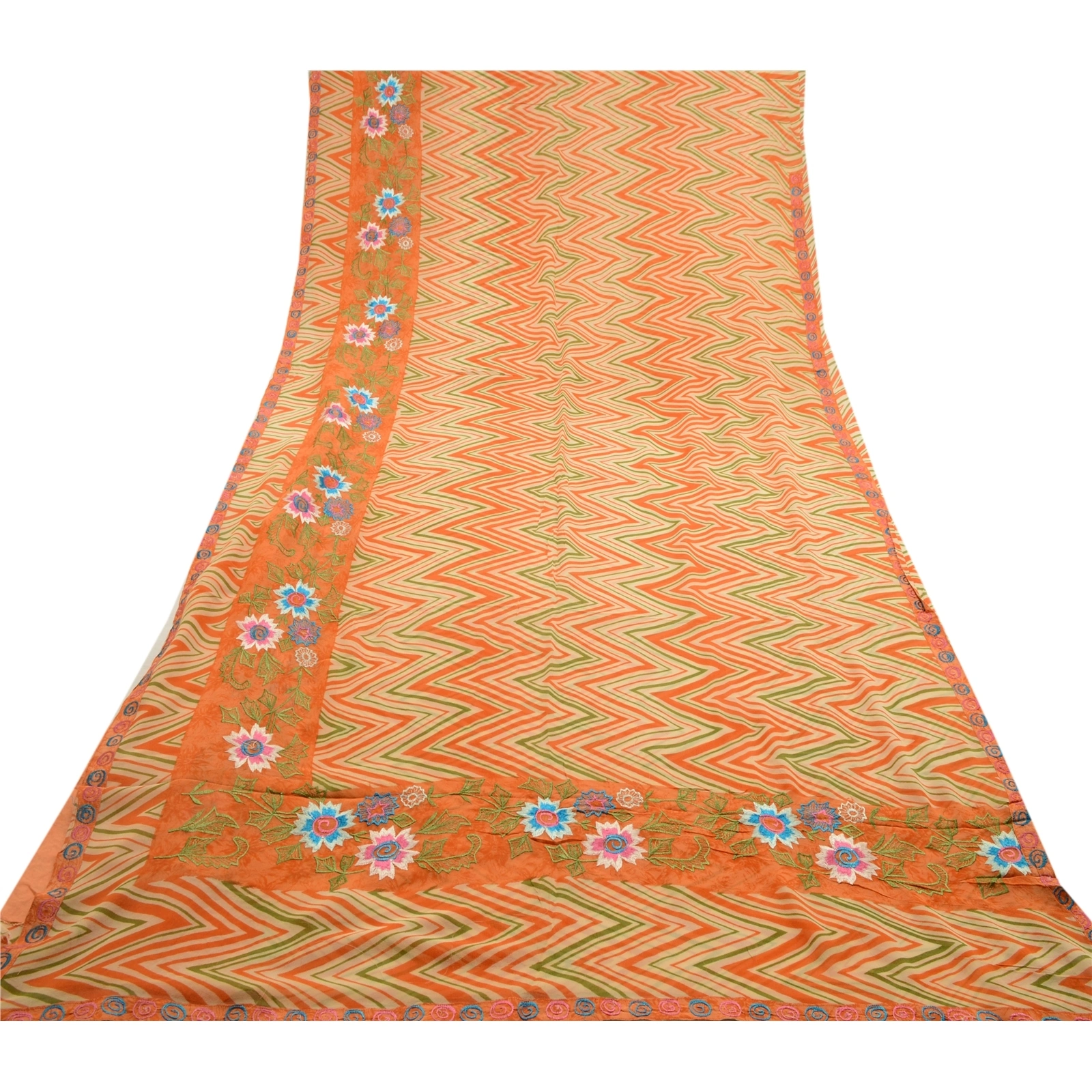 Sanskriti Vintage Print Embroidered Sarees Pure Georgette Silk Sari Craft Fabric, PRG-10200-Orange-Printed Floral Design-Pure Georgette Silk-8