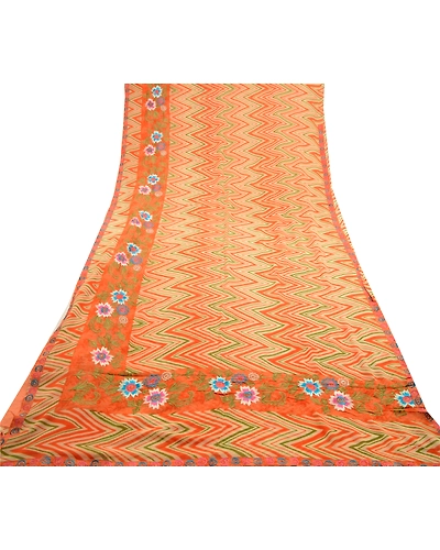 Sanskriti Vintage Print Embroidered Sarees Pure Georgette Silk Sari Craft Fabric, PRG-10200-Orange-Printed Floral Design-Pure Georgette Silk-8