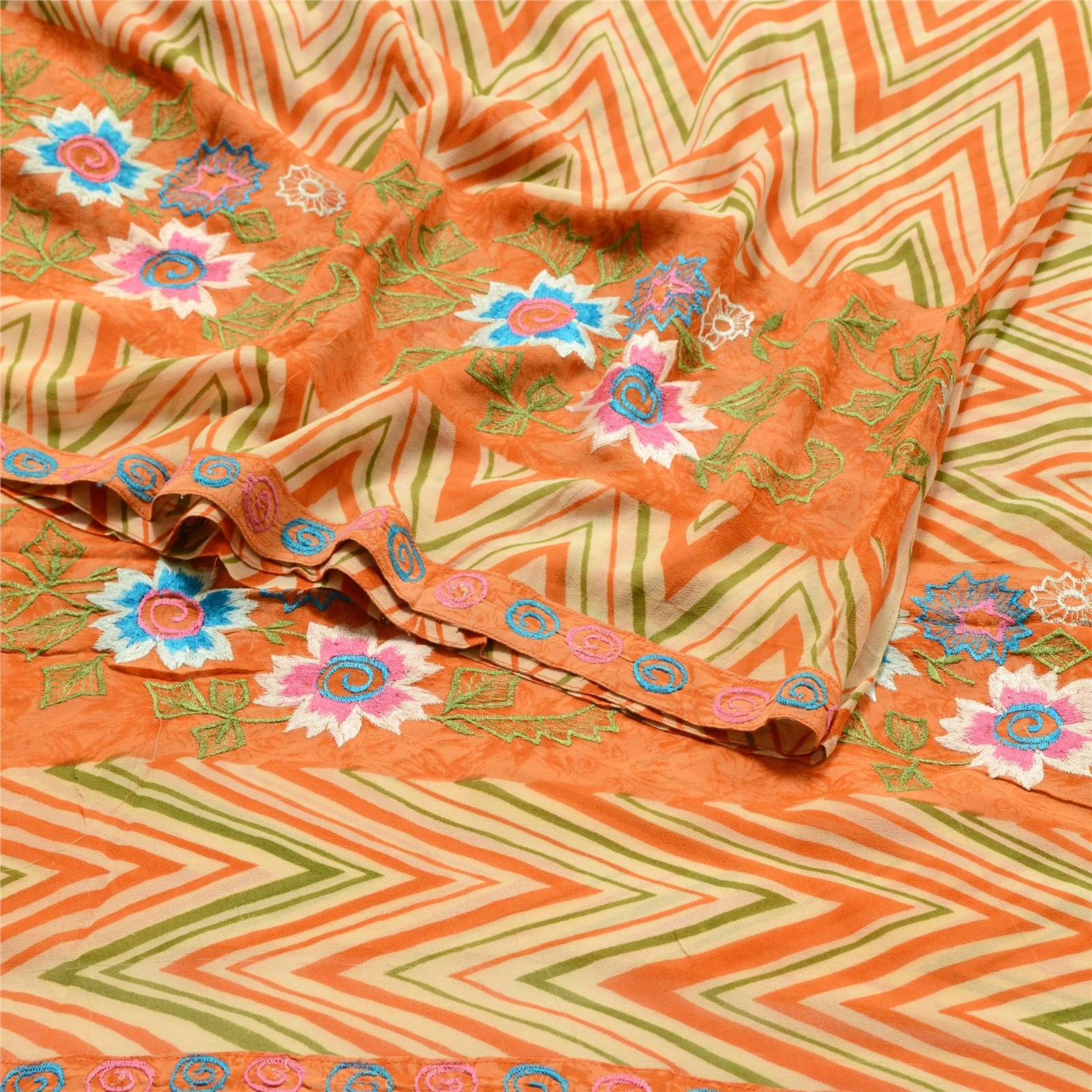 Sanskriti Vintage Print Embroidered Sarees Pure Georgette Silk Sari Craft Fabric, PRG-10200-Orange-Printed Floral Design-Pure Georgette Silk-9