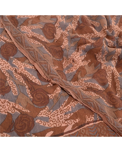 Sanskriti Vintage Brown Sarees Pure Chiffon Silk Printed Sari 5Yd Craft Fabric, PRG-10215-Brown-Printed Floral Design-Pure Chiffon Silk-1