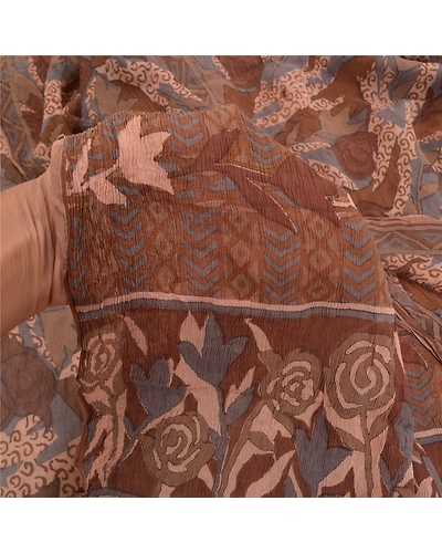 Sanskriti Vintage Brown Sarees Pure Chiffon Silk Printed Sari 5Yd Craft Fabric, PRG-10215-Brown-Printed Floral Design-Pure Chiffon Silk-4