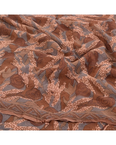 Sanskriti Vintage Brown Sarees Pure Chiffon Silk Printed Sari 5Yd Craft Fabric, PRG-10215-Brown-Printed Floral Design-Pure Chiffon Silk-6
