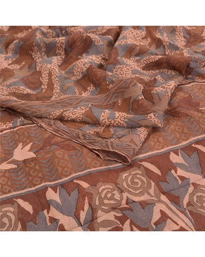 Sanskriti Vintage Brown Sarees Pure Chiffon Silk Printed Sari 5Yd Craft Fabric, PRG-10215-Brown-Printed Floral Design-Pure Chiffon Silk-7