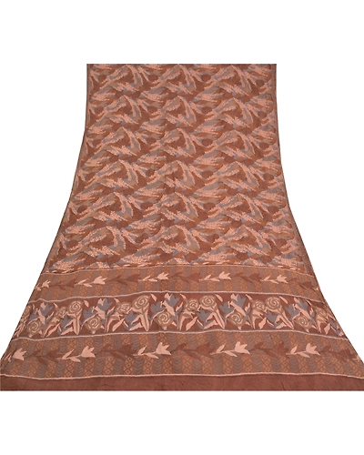Sanskriti Vintage Brown Sarees Pure Chiffon Silk Printed Sari 5Yd Craft Fabric, PRG-10215-Brown-Printed Floral Design-Pure Chiffon Silk-8