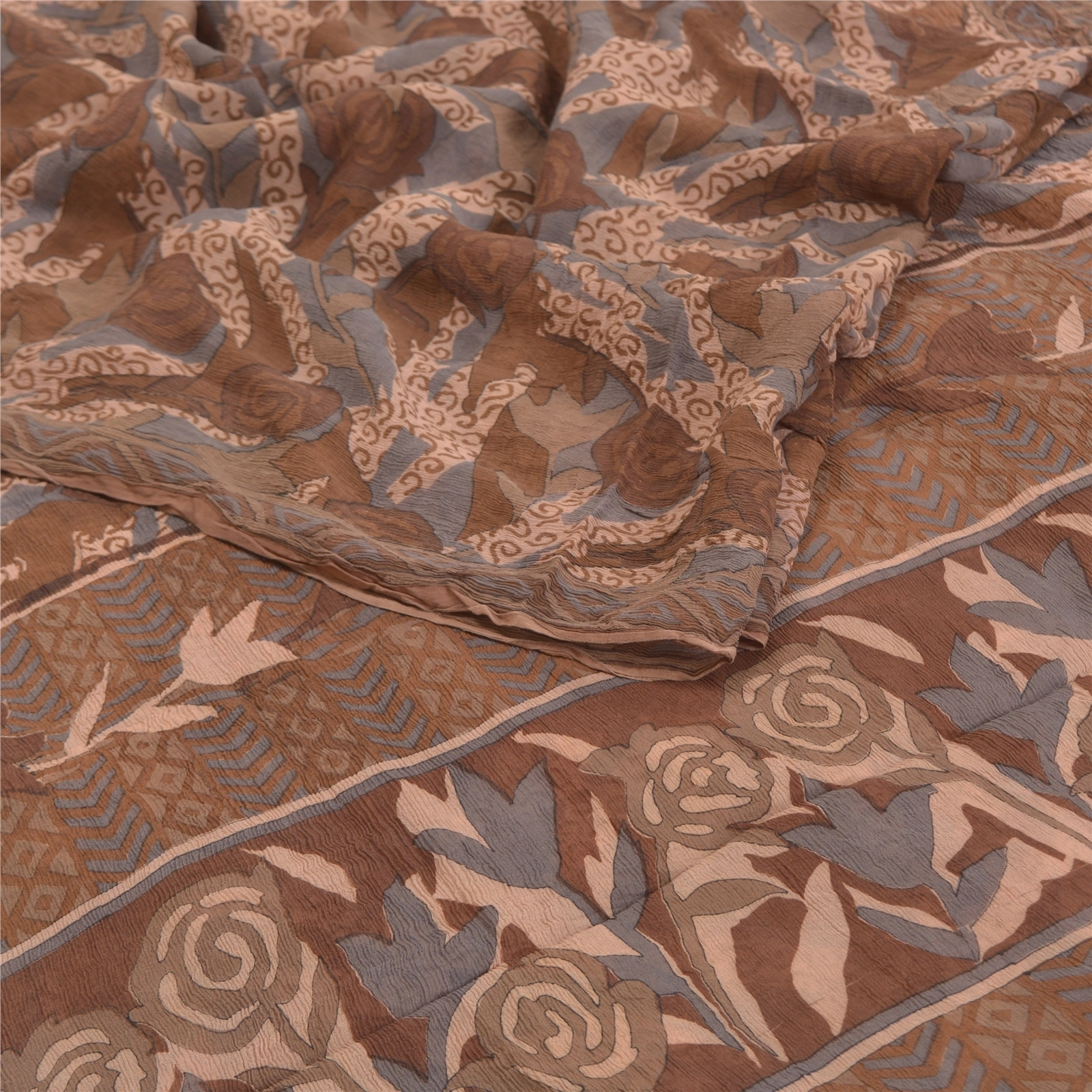 Sanskriti Vintage Brown Sarees Pure Chiffon Silk Printed Sari 5Yd Craft Fabric, PRG-10215-Brown-Printed Floral Design-Pure Chiffon Silk-9