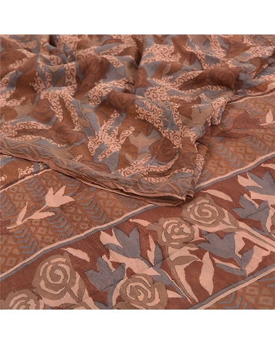 Sanskriti Vintage Brown Sarees Pure Chiffon Silk Printed Sari 5Yd Craft Fabric, PRG-10215-Brown-Printed Floral Design-Pure Chiffon Silk-9