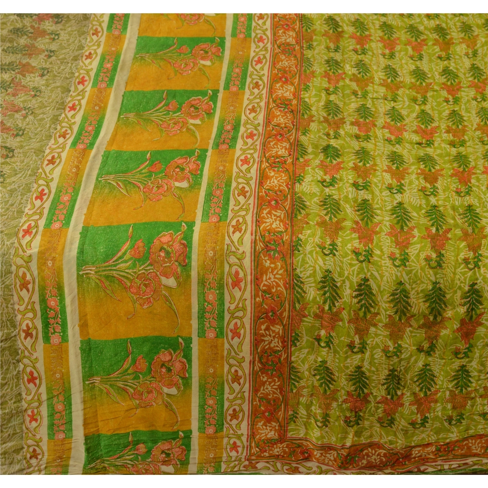 Sanskriti Vintage Pure Georgette Silk Zari Border Sarees Print Sari Craft Fabric, PRG-1024-Green-Printed Floral Design-Pure Georgette Silk-1