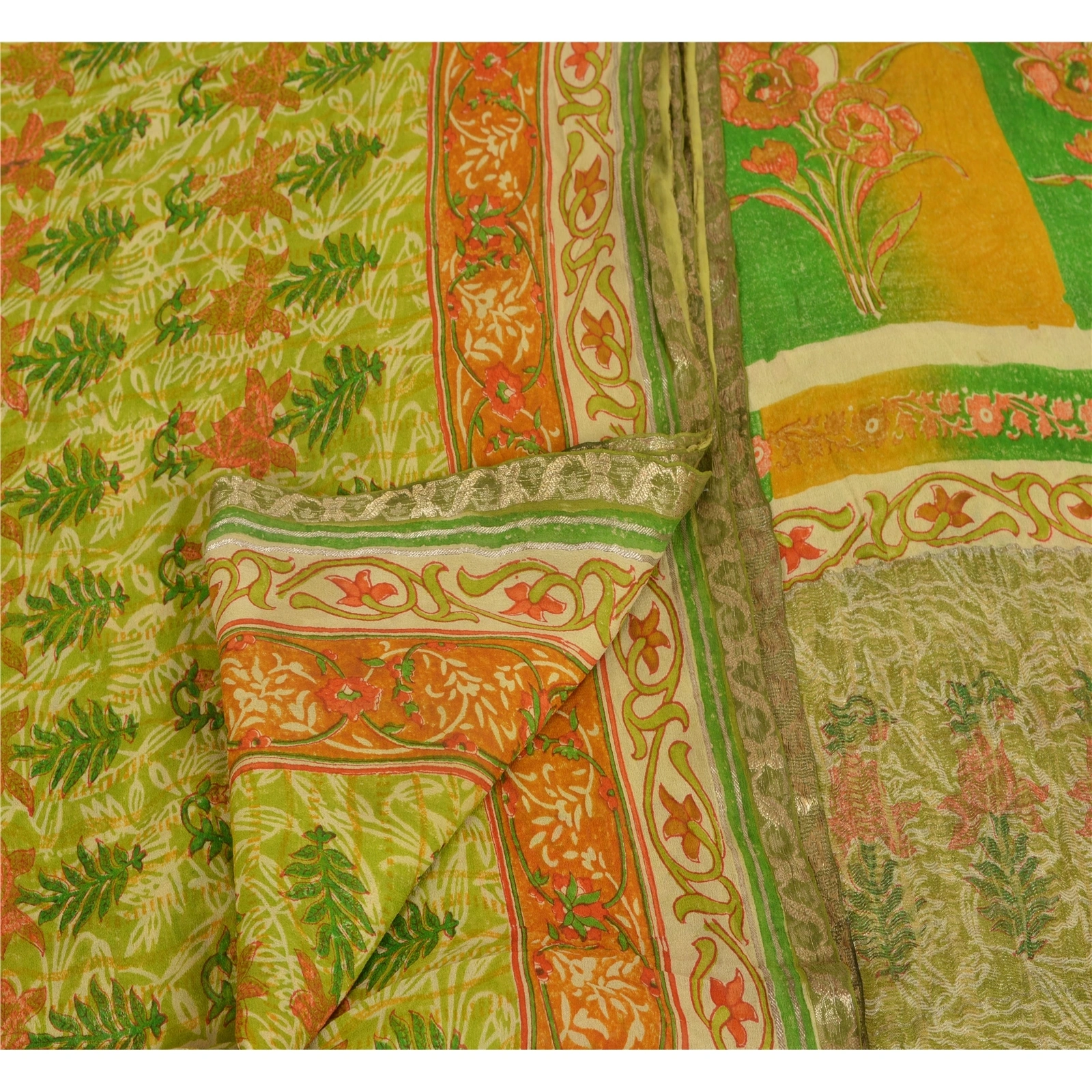 Sanskriti Vintage Pure Georgette Silk Zari Border Sarees Print Sari Craft Fabric, PRG-1024-Green-Printed Floral Design-Pure Georgette Silk-2