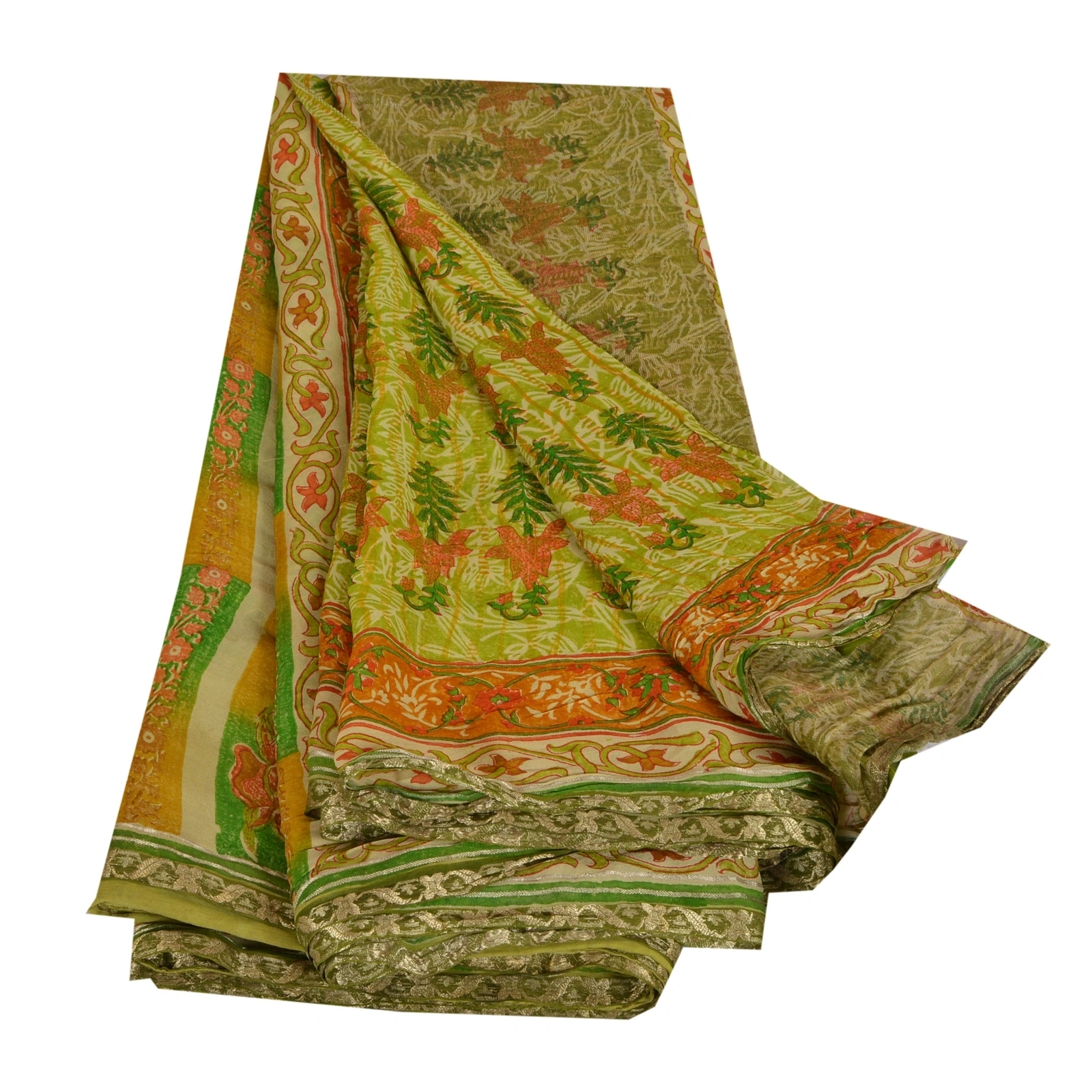 Sanskriti Vintage Pure Georgette Silk Zari Border Sarees Print Sari Craft Fabric, PRG-1024-Green-Printed Floral Design-Pure Georgette Silk-3