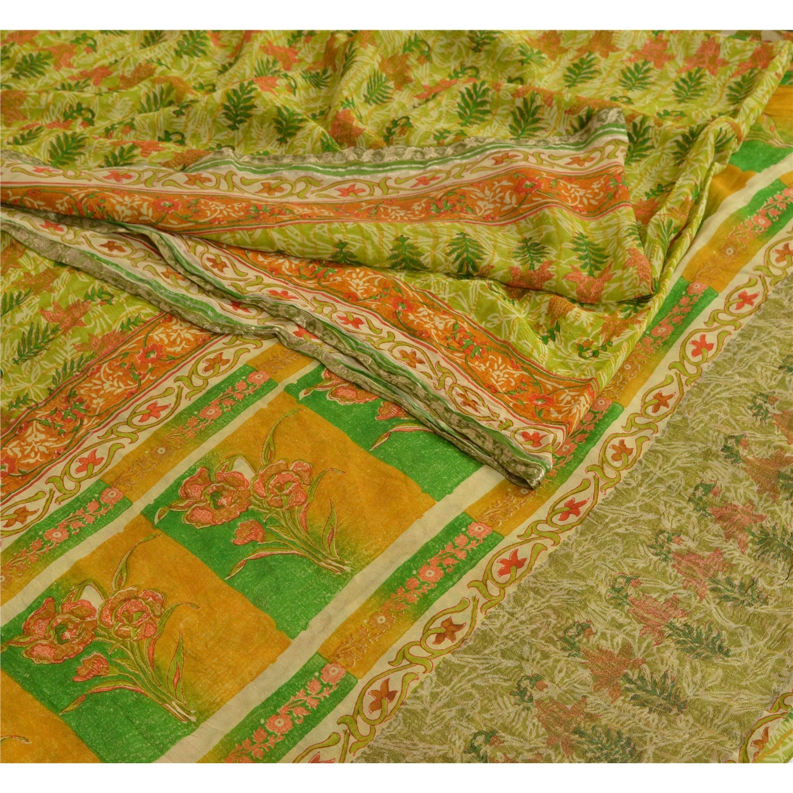 Sanskriti Vintage Pure Georgette Silk Zari Border Sarees Print Sari Craft Fabric, PRG-1024-Green-Printed Floral Design-Pure Georgette Silk-4