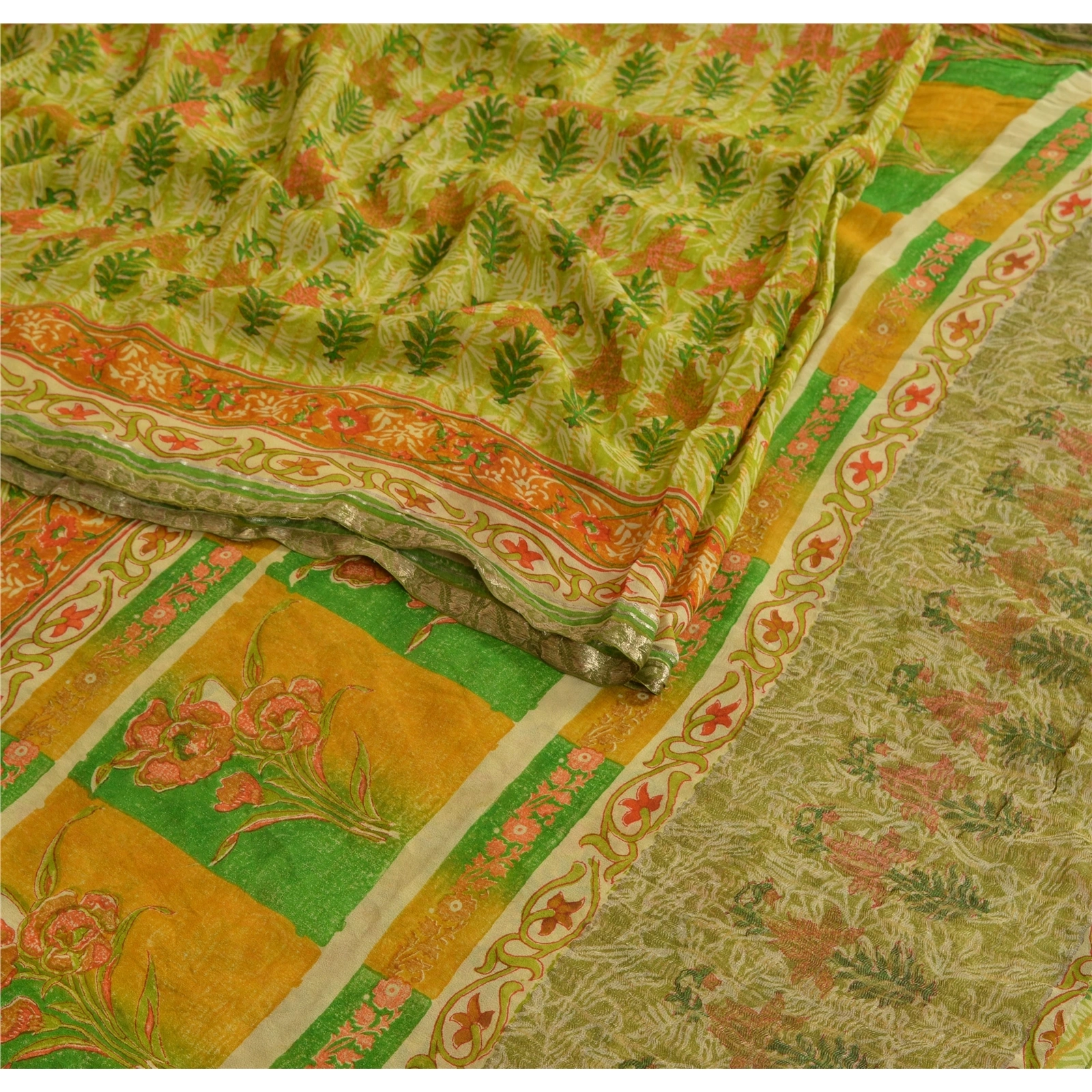 Sanskriti Vintage Pure Georgette Silk Zari Border Sarees Print Sari Craft Fabric, PRG-1024-Green-Printed Floral Design-Pure Georgette Silk-5