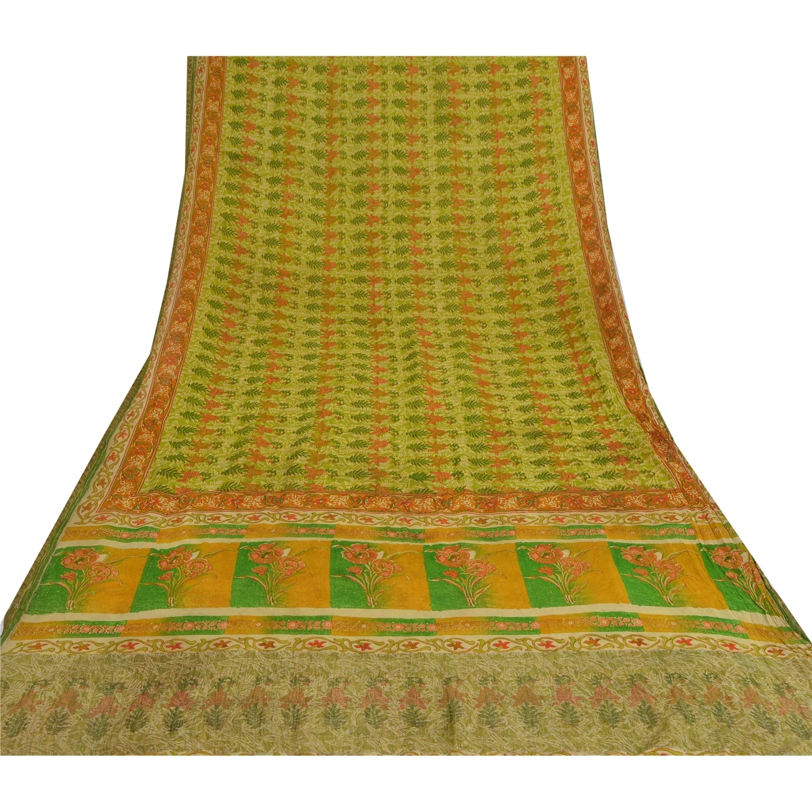 Sanskriti Vintage Pure Georgette Silk Zari Border Sarees Print Sari Craft Fabric, PRG-1024-Green-Printed Floral Design-Pure Georgette Silk-7