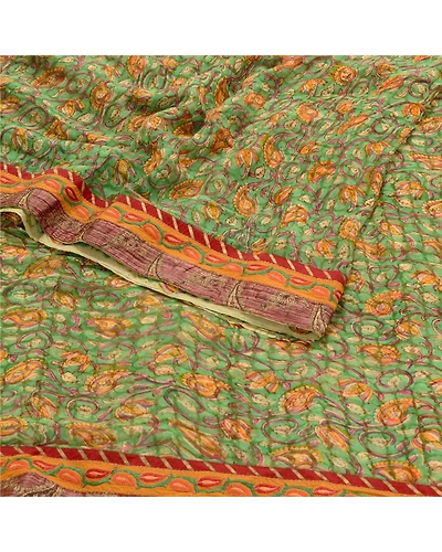 Sanskriti Vintage Green Sarees Blend Georgette Printed Sari Floral Craft Fabric, PRG-10241-Green-Printed Floral Design-Blend Georgette-7
