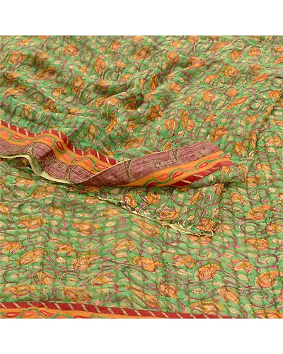Sanskriti Vintage Green Sarees Blend Georgette Printed Sari Floral Craft Fabric, PRG-10241-Green-Printed Floral Design-Blend Georgette-9