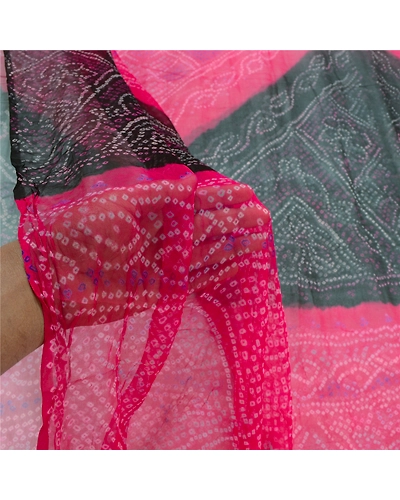 Sanskriti Vintage Pink Bandhani Printed Sarees Pure Chiffon Silk Sari 5Yd Fabric, PRG-10246-Pink-Printed Floral Design-Pure Chiffon Silk-4
