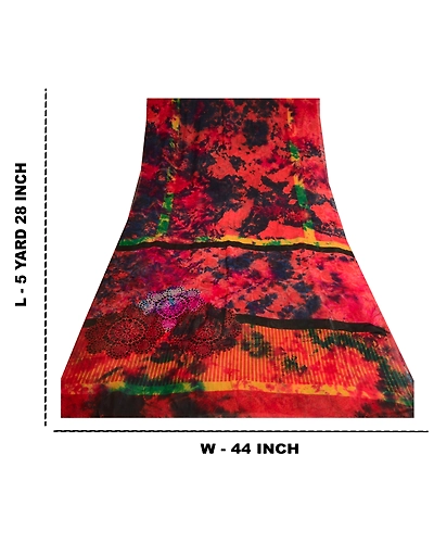 Sanskriti Vintage Red Tie-Dye Sarees Pure Georgette Silk Print Sari Craft Fabric, PRG-10261-Red-Printed Floral Design-Pure Georgette Silk-3
