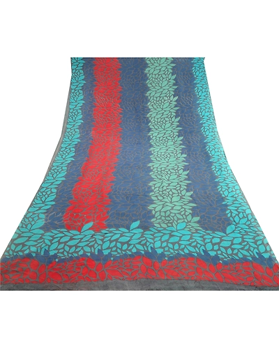 Sanskriti Vintage Blue Printed Sarees Pure Georgette Silk Sari 5Yd Craft Fabric, PRG-10267-Blue-Printed Floral Design-Pure Georgette Silk-8