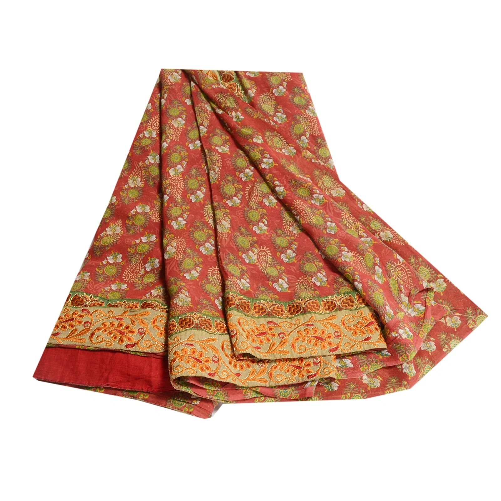 Sanskriti Vintage Red Printed Embroidered Sarees Pure Georgette Silk Sari Fabric, PRG-10270-Red-Printed Floral Design-Pure Georgette Silk-2