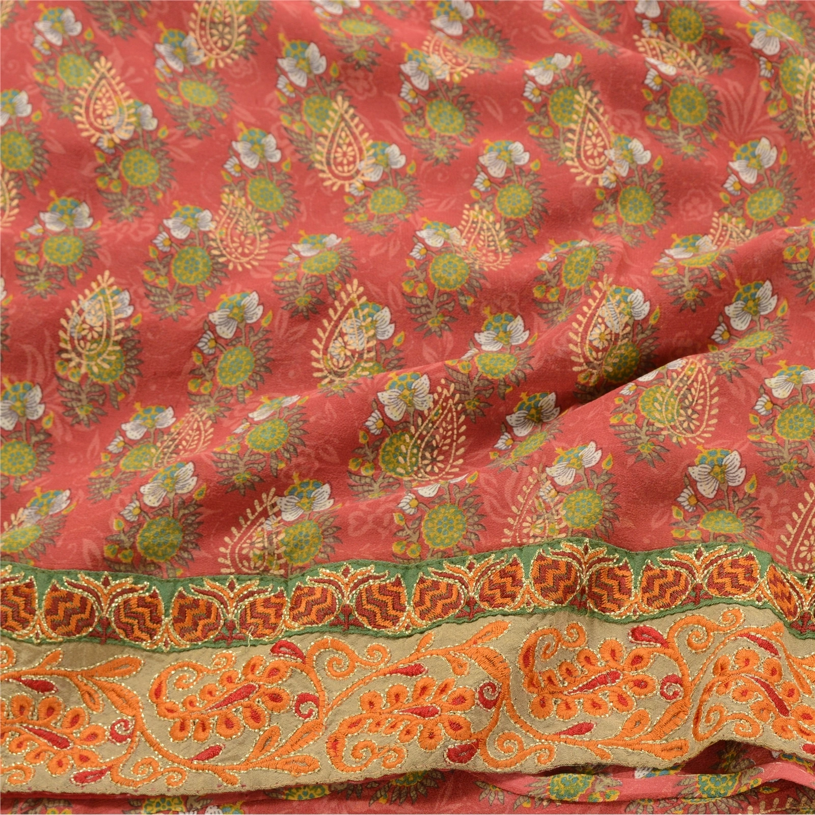 Sanskriti Vintage Red Printed Embroidered Sarees Pure Georgette Silk Sari Fabric, PRG-10270-Red-Printed Floral Design-Pure Georgette Silk-6