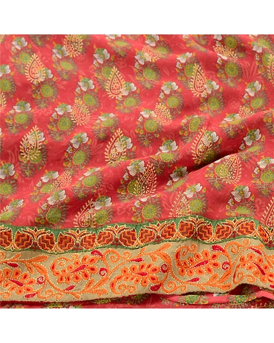 Sanskriti Vintage Red Printed Embroidered Sarees Pure Georgette Silk Sari Fabric, PRG-10270-Red-Printed Floral Design-Pure Georgette Silk-6