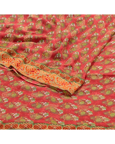 Sanskriti Vintage Red Printed Embroidered Sarees Pure Georgette Silk Sari Fabric, PRG-10270-Red-Printed Floral Design-Pure Georgette Silk-7