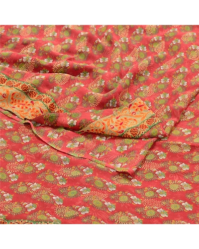 Sanskriti Vintage Red Printed Embroidered Sarees Pure Georgette Silk Sari Fabric, PRG-10270-Red-Printed Floral Design-Pure Georgette Silk-9