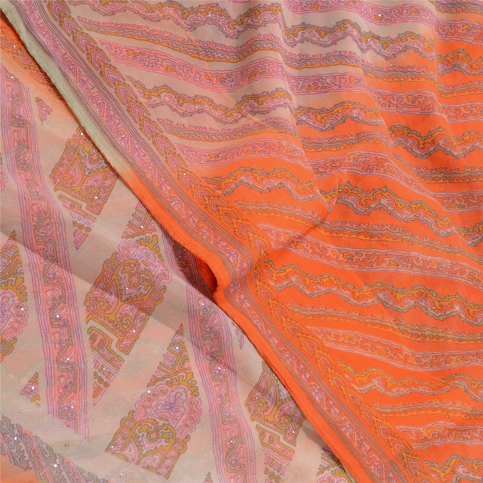 Sanskriti Vintage Orange Printed Hand Beads Sarees Pure Chiffon Silk Sari Fabric, PRG-10283-Orange-Printed Floral Design-Pure Chiffon Silk-1