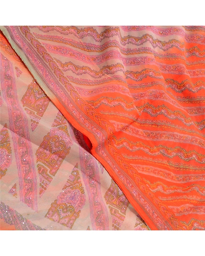 Sanskriti Vintage Orange Printed Hand Beads Sarees Pure Chiffon Silk Sari Fabric, PRG-10283-Orange-Printed Floral Design-Pure Chiffon Silk-1
