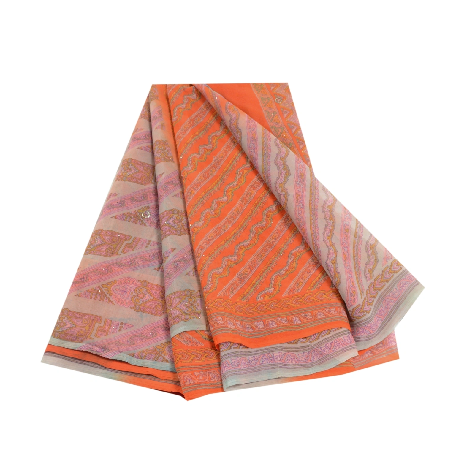 Sanskriti Vintage Orange Printed Hand Beads Sarees Pure Chiffon Silk Sari Fabric, PRG-10283-Orange-Printed Floral Design-Pure Chiffon Silk-2