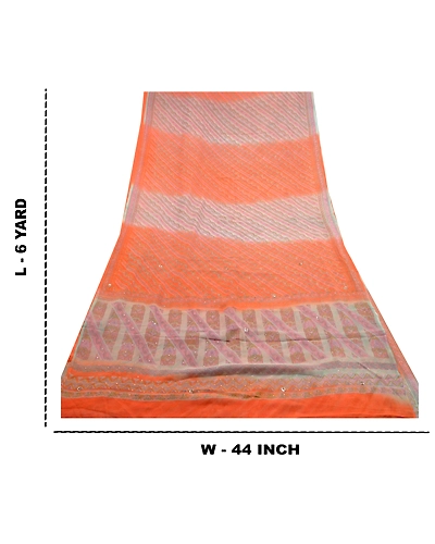 Sanskriti Vintage Orange Printed Hand Beads Sarees Pure Chiffon Silk Sari Fabric, PRG-10283-Orange-Printed Floral Design-Pure Chiffon Silk-3