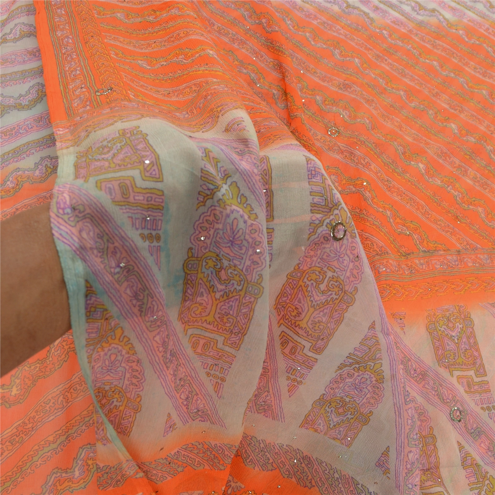 Sanskriti Vintage Orange Printed Hand Beads Sarees Pure Chiffon Silk Sari Fabric, PRG-10283-Orange-Printed Floral Design-Pure Chiffon Silk-4