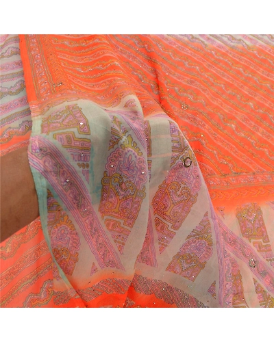 Sanskriti Vintage Orange Printed Hand Beads Sarees Pure Chiffon Silk Sari Fabric, PRG-10283-Orange-Printed Floral Design-Pure Chiffon Silk-4