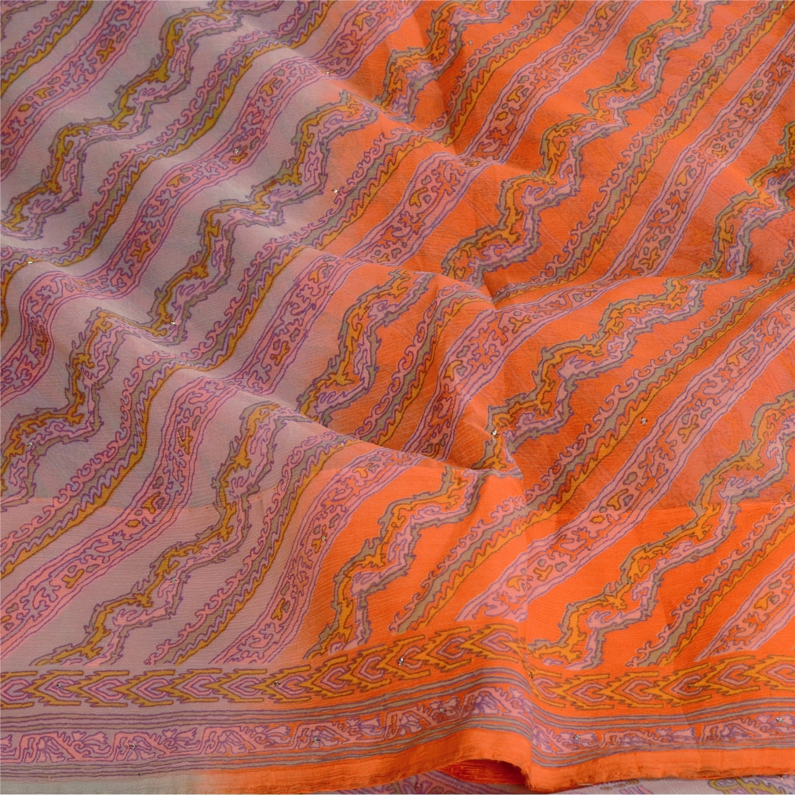 Sanskriti Vintage Orange Printed Hand Beads Sarees Pure Chiffon Silk Sari Fabric, PRG-10283-Orange-Printed Floral Design-Pure Chiffon Silk-6