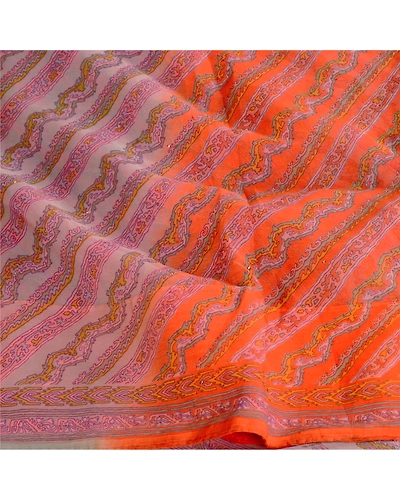 Sanskriti Vintage Orange Printed Hand Beads Sarees Pure Chiffon Silk Sari Fabric, PRG-10283-Orange-Printed Floral Design-Pure Chiffon Silk-6