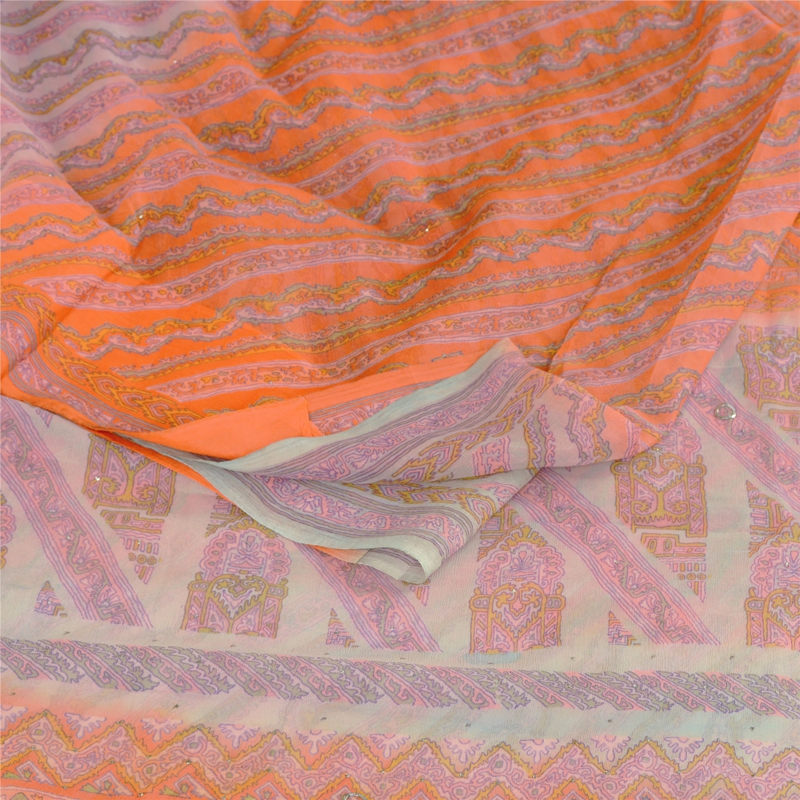 Sanskriti Vintage Orange Printed Hand Beads Sarees Pure Chiffon Silk Sari Fabric, PRG-10283-Orange-Printed Floral Design-Pure Chiffon Silk-7