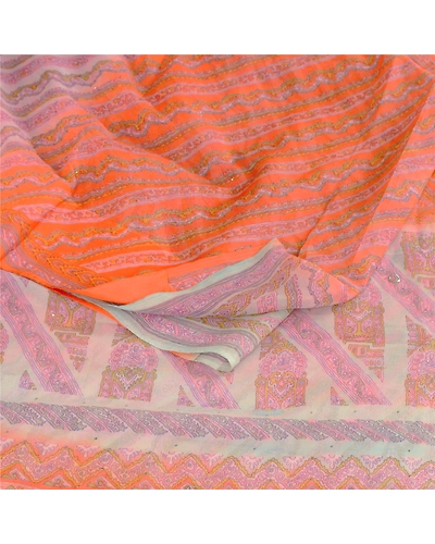 Sanskriti Vintage Orange Printed Hand Beads Sarees Pure Chiffon Silk Sari Fabric, PRG-10283-Orange-Printed Floral Design-Pure Chiffon Silk-7