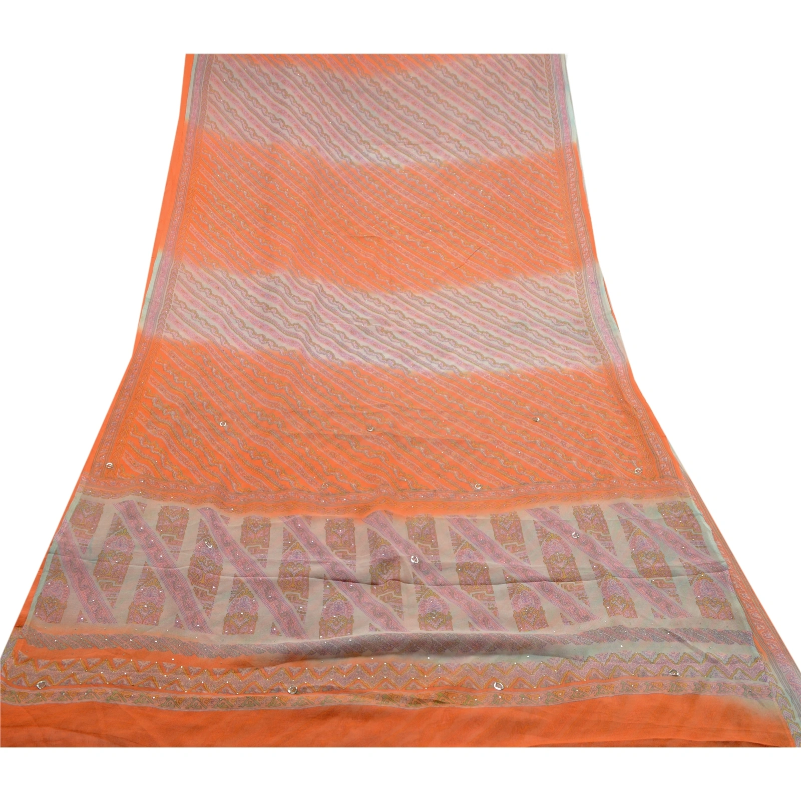 Sanskriti Vintage Orange Printed Hand Beads Sarees Pure Chiffon Silk Sari Fabric, PRG-10283-Orange-Printed Floral Design-Pure Chiffon Silk-8