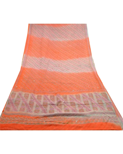 Sanskriti Vintage Orange Printed Hand Beads Sarees Pure Chiffon Silk Sari Fabric, PRG-10283-Orange-Printed Floral Design-Pure Chiffon Silk-8