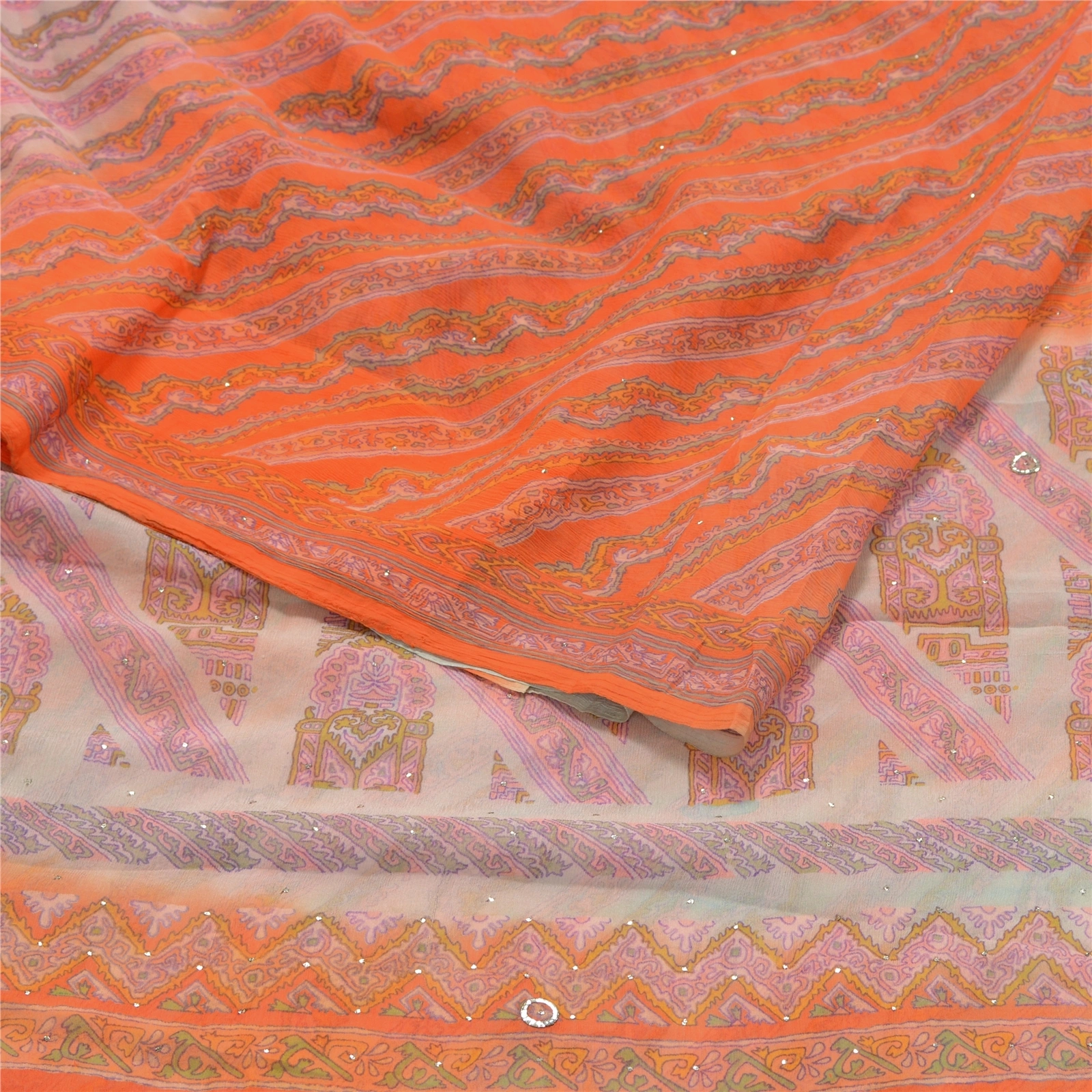 Sanskriti Vintage Orange Printed Hand Beads Sarees Pure Chiffon Silk Sari Fabric, PRG-10283-Orange-Printed Floral Design-Pure Chiffon Silk-9