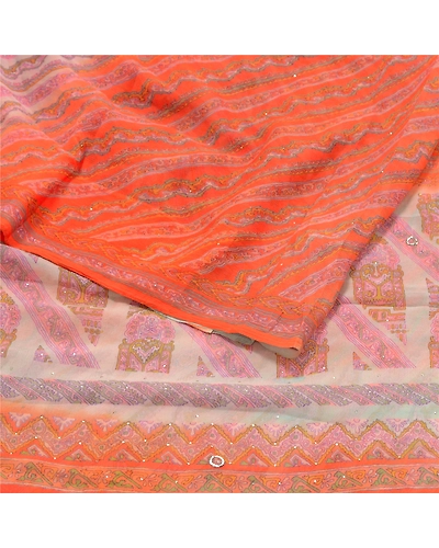 Sanskriti Vintage Orange Printed Hand Beads Sarees Pure Chiffon Silk Sari Fabric, PRG-10283-Orange-Printed Floral Design-Pure Chiffon Silk-9