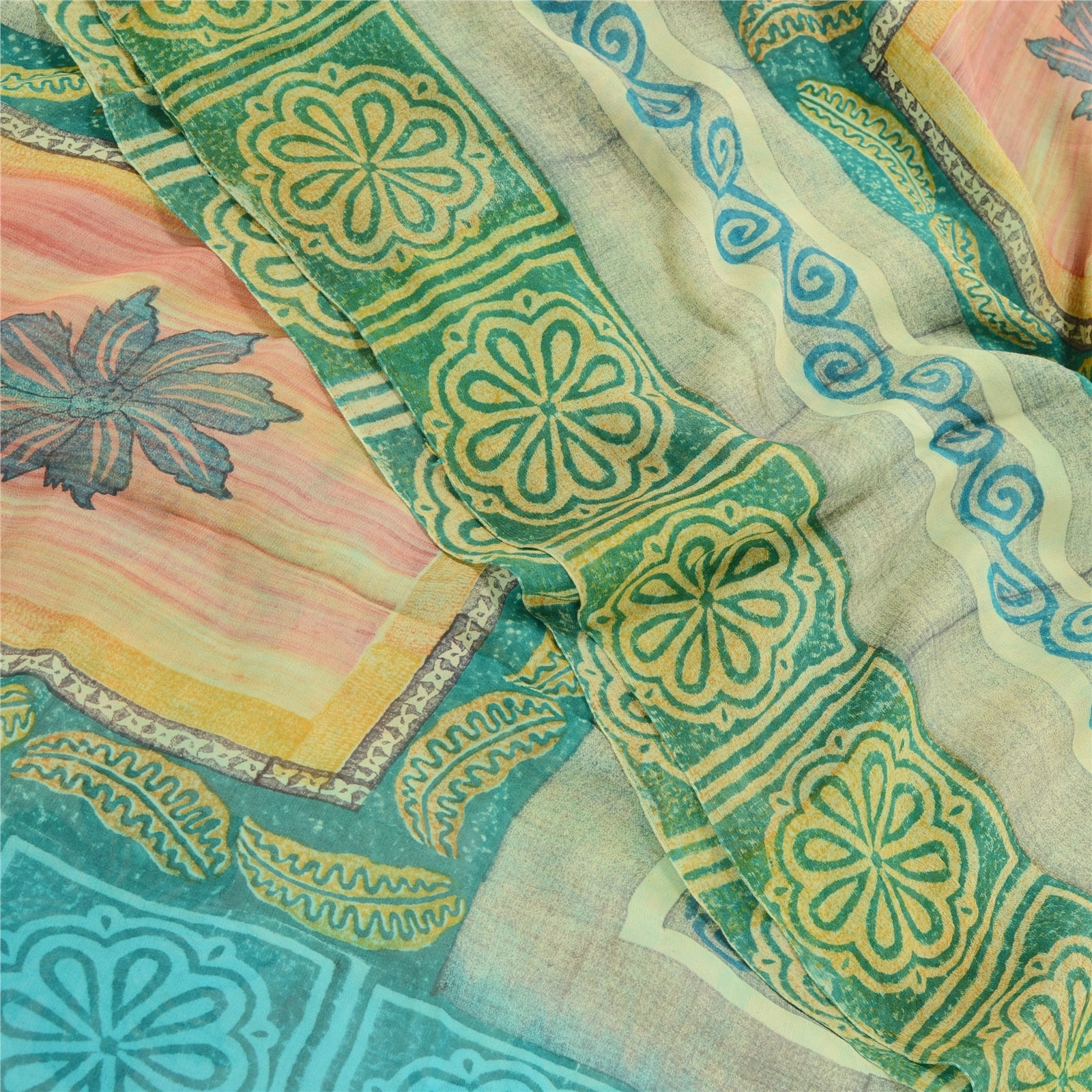 Sanskriti Vintage Blue Sarees Pure Georgette Silk Printed Sari Craft Fabric, PRG-10310-Blue &amp; Green-Printed Work-Pure Georgette Silk-1