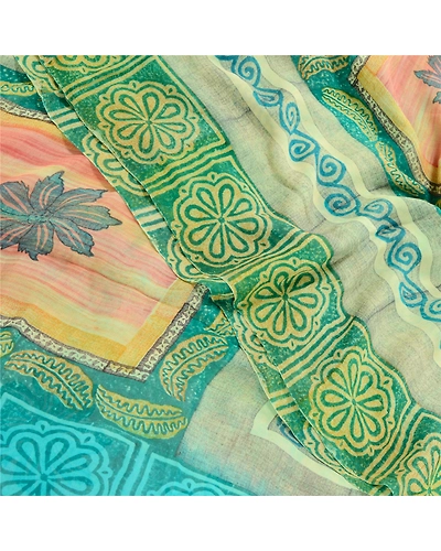 Sanskriti Vintage Blue Sarees Pure Georgette Silk Printed Sari Craft Fabric, PRG-10310-Blue &amp; Green-Printed Work-Pure Georgette Silk-1